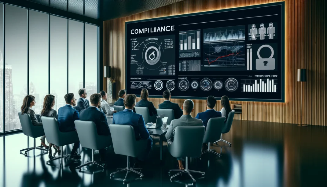 Ein Bild von Geschäftsleuten, die vor einem großen Bildschirm mit Compliance-Daten sitzen.