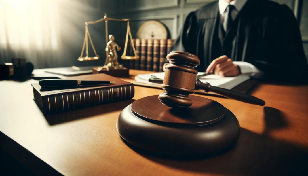 Breitformatiges Bild eines Gerichtssaals mit Richtertisch, Gavel und juristischen Dokumenten, das eine rechtliche Auseinandersetzung illustriert