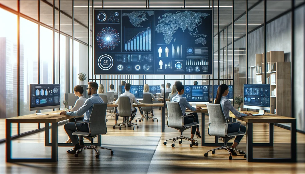 Datenqualität: Eine Szene in einem modernen Büro, in dem Mitarbeiter an Computern arbeiten, und auf einem großen Bildschirm sind klare und präzise Datenvisualisierungen zu sehen.