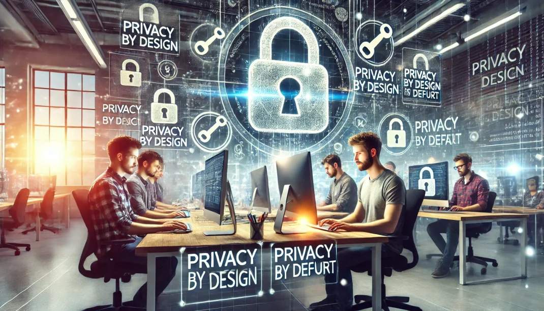 Ein Bild von einem Entwicklerteam, das konzentriert an Computern arbeitet, umgeben von Symbolen für Datenschutz wie Schlösser, Schlüsselsymbole und Schilder, die Begriffe wie „Privacy by Design“ und „Privacy by Default“ zeigen. Dieses Bild symbolisiert die Integration von Datenschutzmaßnahmen in die Technologieentwicklung.